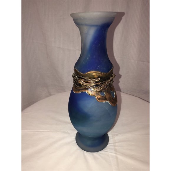 Handmade Art Glass Vase Coated Metal Blue - Picture 5 of 9